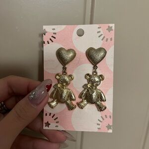 Gold Heart and Bear Dangle Earrings